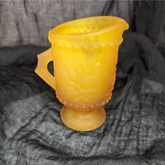 Vintage Mid Century Small Amber Glass Floral Footed Pitcher 3.5" Tall - Picture 2 of 7